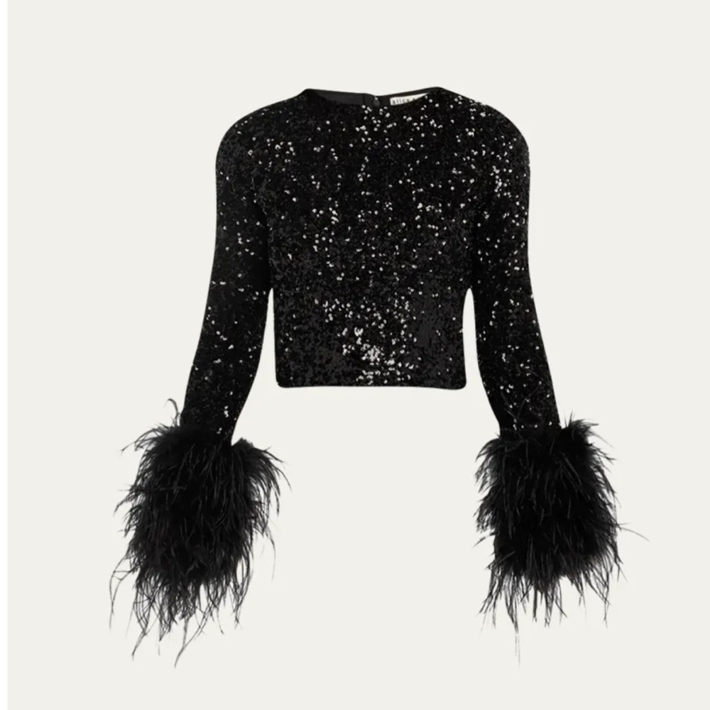 Alice and Olivia Gorgeous Black Sequin Feather Cuff Top NWT. XS